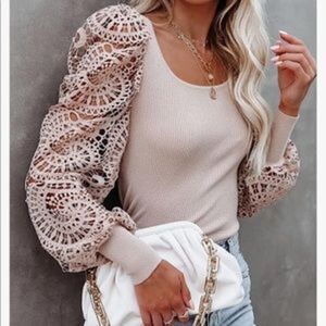 NEW Lace Crochet Puff Sleeves Ribbed Blouse
